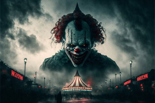 Horror clown and creapy funfair or circus. Concept of evil and fear. Designed using generative ai. 