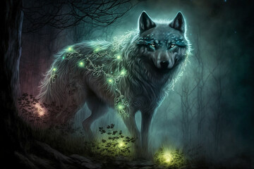 Wolf spirit in the foggy forest at night