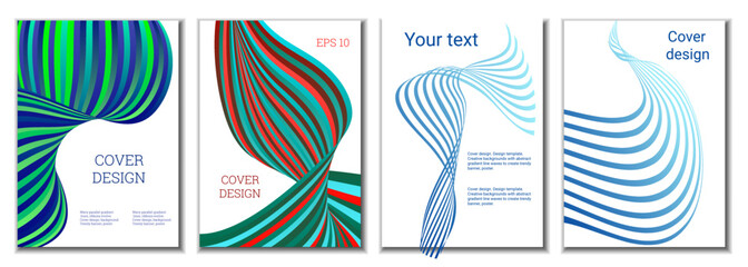 A set of 4 abstract covers. Wavy parallel gradient lines, ribbons evolve. Cover design, background. Trendy banner, poster.