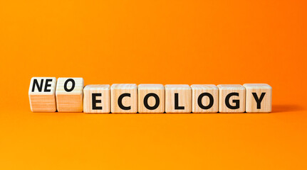 Neo-ecology or ecology symbol. Concept words Neo-ecology or ecology on wooden cubes. Beautiful orange table orange background. Business, ecological neo-ecology or ecology concept. Copy space.