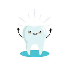 Cute tooth character healthy happy. Kawaii smiling face. Kids dental hygiene health cleaning routine good habits concept