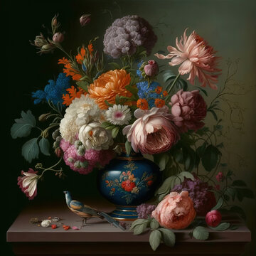 a vase filled with lots of flowers on top of a table, art, painting, illustration