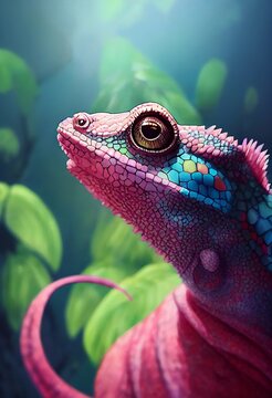 Funny adorable portrait headshot of cute Chameleon. Asian region lizard land animal standing facing front. Watercolor art reptile illustration. Vertical artistic poster. AI generated.