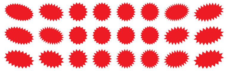 Sunburst promotion tag, bursting sticker promo badges, starburst speech bubbles. Explosion star button vector illustration.