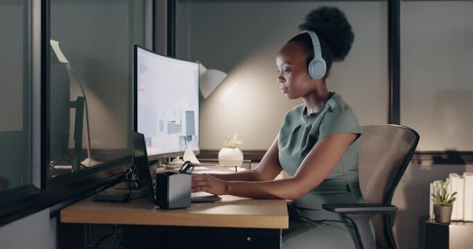 black woman, computer and dancing with music in office for employee happiness, web business motivation and positive mindset energy. African woman, corporate happy dance and streaming radio at desk