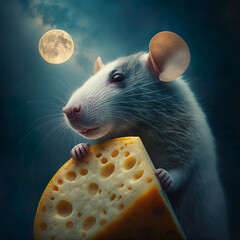 A portrait of a grey rat holding a large piece of cheese under the bright full moon. Created with Generative AI. - obrazy, fototapety, plakaty