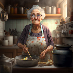 An old woman (grandma) cooking in her kitchen. Created with Generative AI. Not real person.