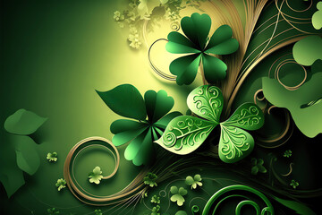 A green background with fantasy clover leaves. Saint Patricks Day concept. Created with Generative AI.
