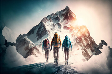 Group of mountaineers. Multiple high alpine climbers in front of a gigantic mountain. Designed using generative ai. - obrazy, fototapety, plakaty