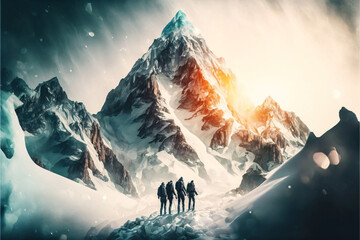 Group of mountaineers. Multiple high alpine climbers in front of a gigantic mountain. Designed using generative ai.