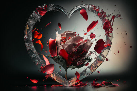 Broken glass heart with a rose and petals inside on a dark background, generative ai