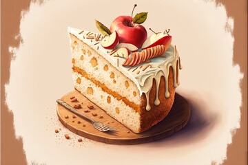 a piece of cake with icing and apples on top of it.