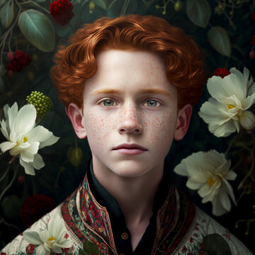 portrait of a woman boy with red hair,  flowers background 