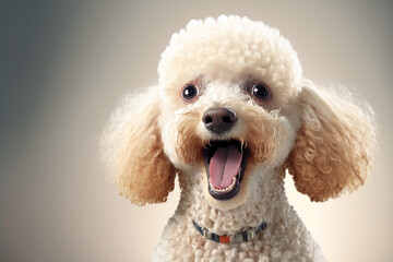 Portrait of a poodle dog with a surprised and happy face. Generative AI.