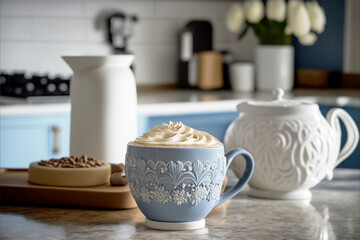 Fototapeta na wymiar coffee, hot drink, Cappuccino with latte art ceramic cups, in a very elegant kitchen, hot chocolate, breakfast, generative ai