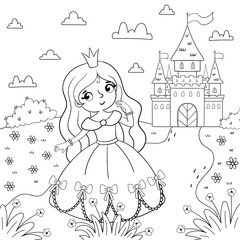 Page of coloring book with a girl and a princess on a background of a magic castle. Vector illustration in a cartoon style. Design for kids.