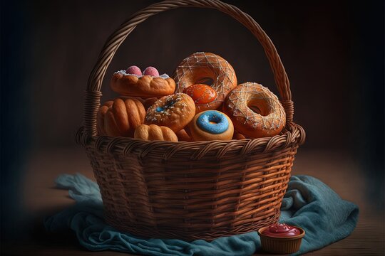 a basket of donuts and pastries on a table cloth next to a cup of coffee and a blue towel on a table cloth towel with a blue cloth on it and a black background with a black background.