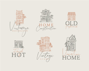 Victorian houses with lettering drawing in old fashioned vintage style on coffee background.