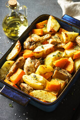 Chicken meat with pumpkin and potato. One pot baked dish. Top view image.