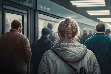 Fototapeta premium A woman commuting with a large crowd, generative ai