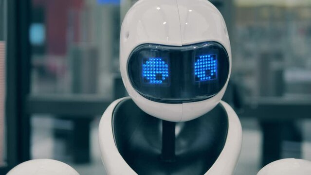 Flickering eyes of a high-tech droid in a coffee house