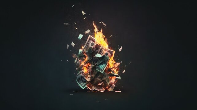 Pile of burning dollar banknotes, Generative AI