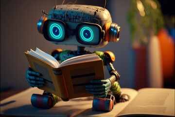 Fototapeta cute robot reading a book, technological progress, cartoon style, android child, future art, ai, anthropomorphism obraz