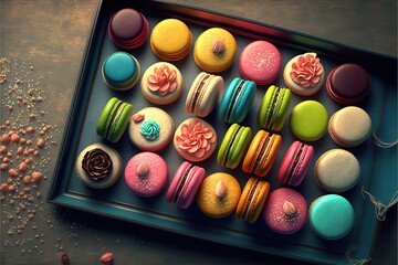a box of colorful macaroons with sprinkles on a table top with a string of beads around it and a string of beads on the side of the box is a table with a string