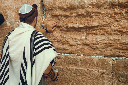 Jewish man praying at the sacred Wailing Wall, Western Wall, Jerusalem