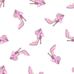 Watercolor pink high heels shoes seamless pattern on white background.
