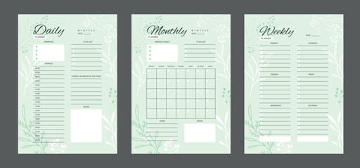 Set of minimalist planners. Daily, weekly, monthly planner template. Blank white notebook page isolated on grey. Business organizer page.  Blank printable vertical notebook page