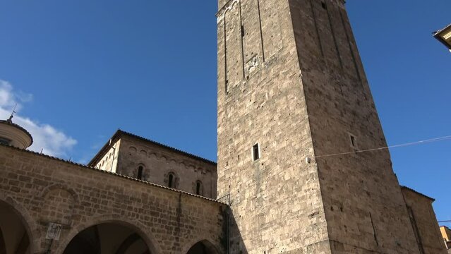  Tourist view of Rieti, in Lazio, Italy. The Bell tower of St. Mary Cathedral