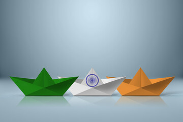 Paper boat create a tricolor of Indian flag. Republic day of India. Independence day of India. Indian flag on paper boat.