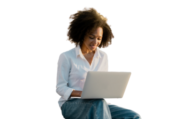 A woman uses a laptop, curly-haired in a white shirt isolated transparent background.