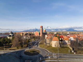 Naklejka premium Aerial view of the historic town of Kezmarok in Slovakia