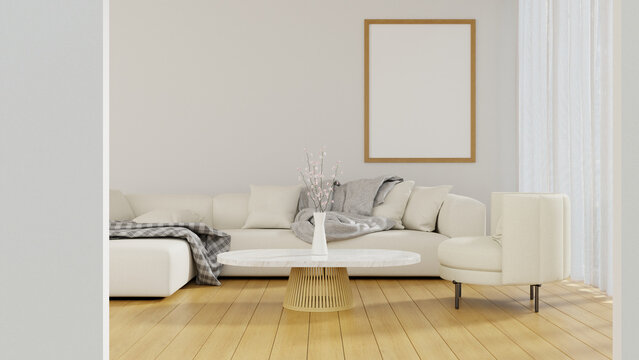 3D Rendering White Fabric Sofa L Shape In Minimal Style Living R