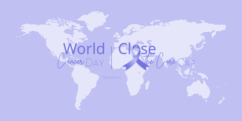 A vector illustartion of a poster dedicated to World Cancer Day on 4th of februaty. Banner is made in lavender color and shades of lavender. There is lavender ribon  and a world map