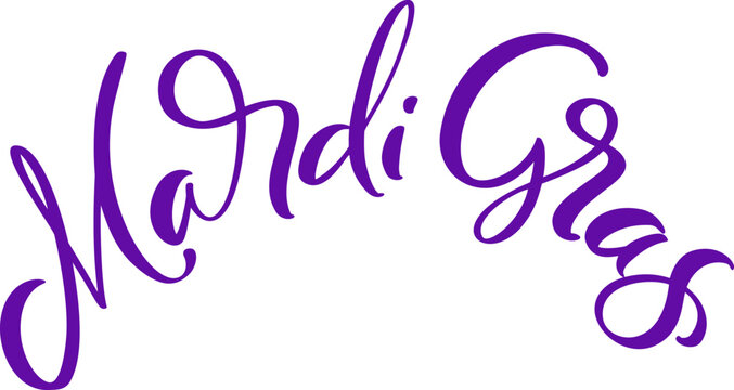 Vector lilac lettering text for Mardi Gras carnival, filigree calligraphic font with traditional symbol of mardi gras fleur de lis, elegant fancy logo with greeting slogan