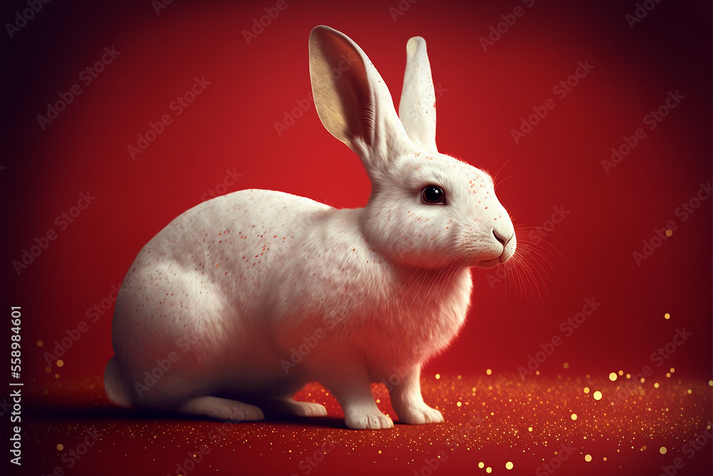 Wall mural white fluffy bunny rabbit with golden powder and bokeh on red background generative ai