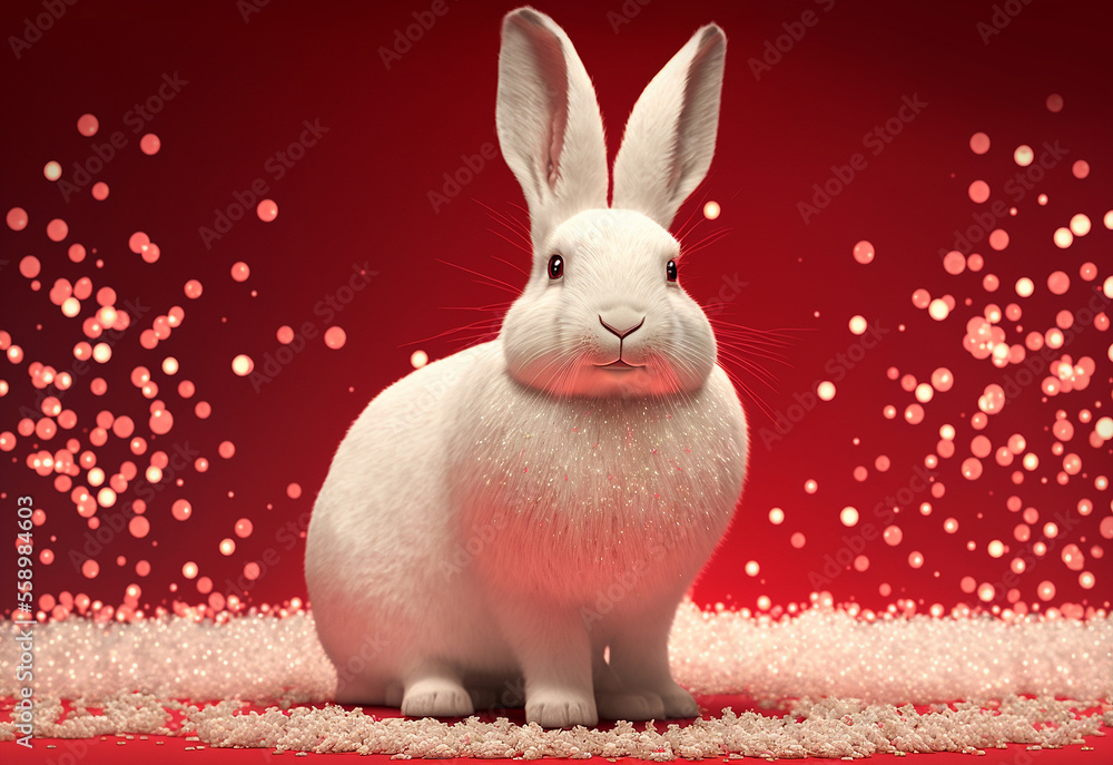 Wall mural white fluffy bunny rabbit with snow and golden bokeh on red background generative ai