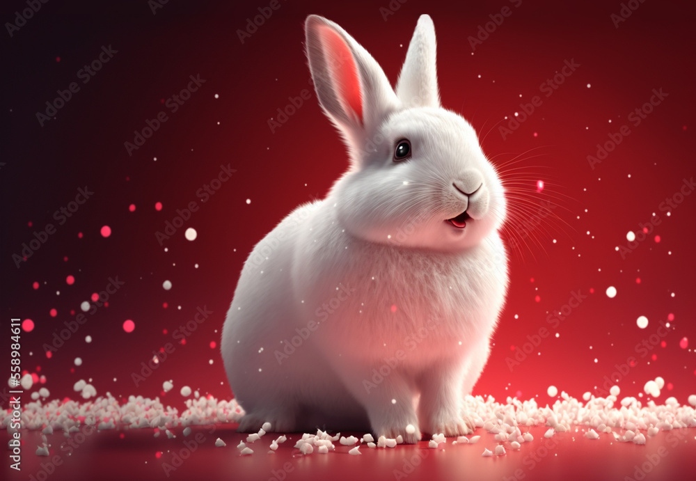 Wall mural white fluffy bunny rabbit with snow and confetti on red background generative ai
