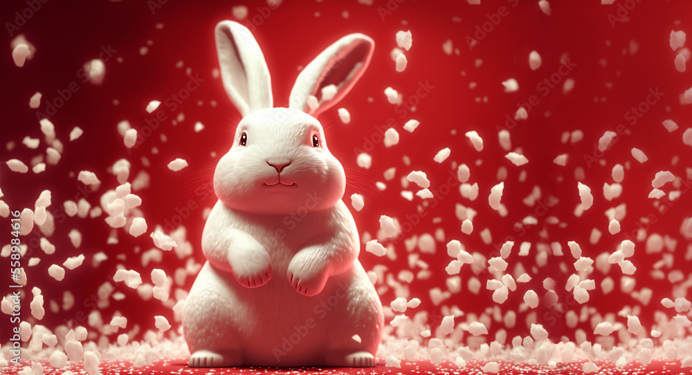 Wall mural white fluffy bunny rabbit with snow and confetti on red background generative ai