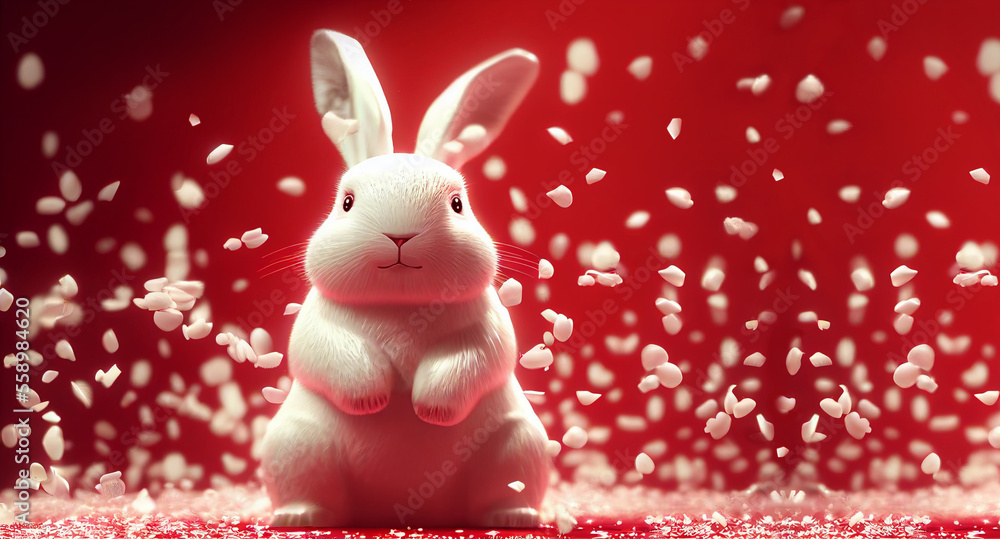 Wall mural white fluffy bunny rabbit with snow and confetti on red background generative ai