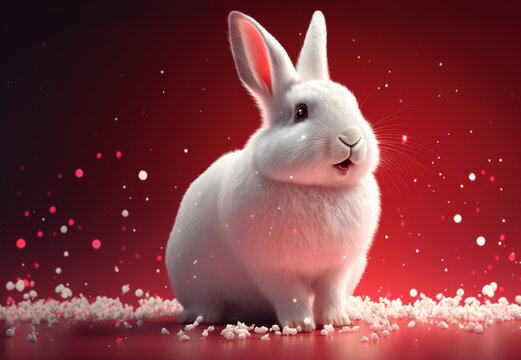 White fluffy bunny rabbit with snow and confetti on red background generative AI