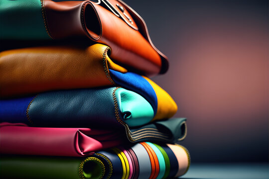 Samples of genuine leather of different colors on a craft table.