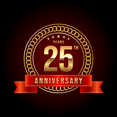 25th Anniversary. Anniversary logo design with gold color text and red ribbon for anniversary celebration event. Logo Vector Illustration