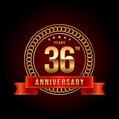 36th Anniversary. Anniversary logo design with gold color text and red ribbon for anniversary celebration event. Logo Vector Illustration