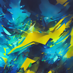Abstract art, geometric shapes, blue, green, yellow, painting, paint waves - - Generative IA Technology