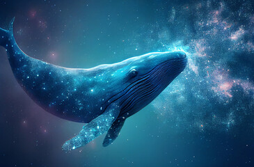 Fototapeta na wymiar Magic whale swims in the starry sky. Fantasy realistic illustration Generative AI