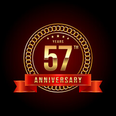 57th Anniversary. Anniversary logo design with gold color text and red ribbon for anniversary celebration event. Logo Vector Illustration